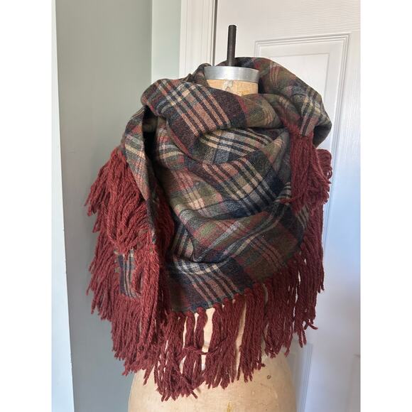 Vintage Plaid Wool Shaw Fringe Triangle brown rust gray olive green 82”x82” - Picture 10 of 16